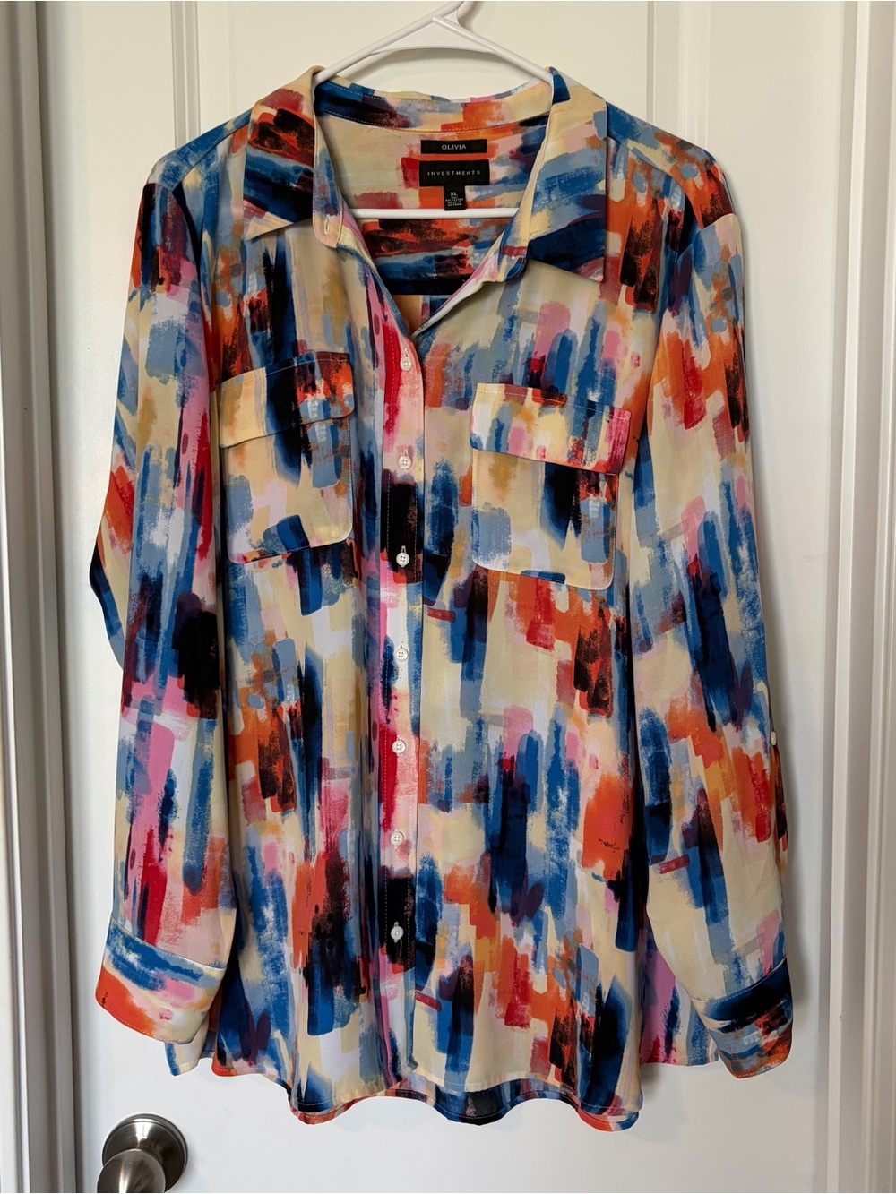 OLIVIA Multi-Color Brushstroke Button-Front Blouse
Size XL